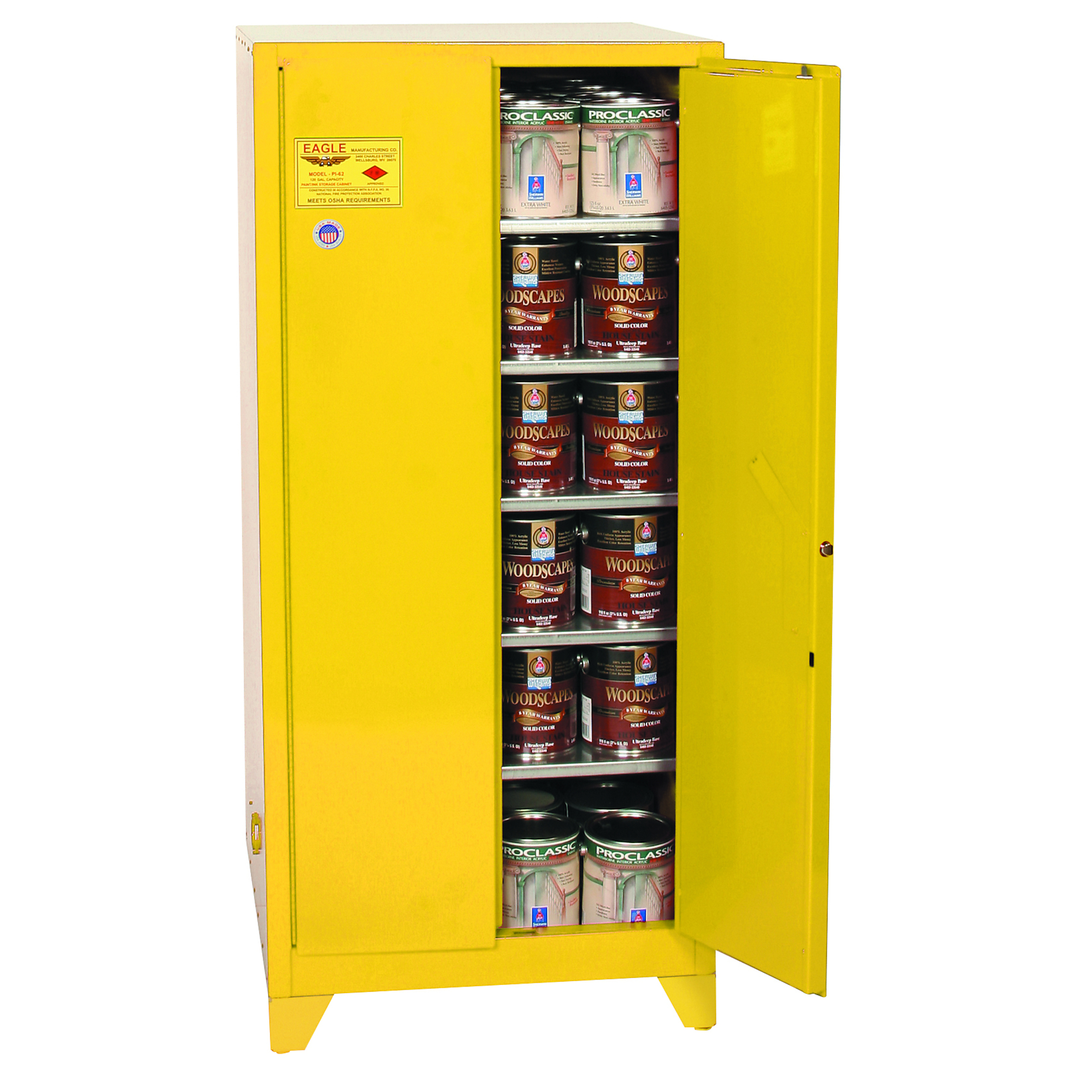 Eagle Tower Paint Safety Cabinet — 96 Gallon, 5 Shelves, 2 Doors, Manual Close, Adjustable Legs, Yellow, Model# YPI62XLEGS